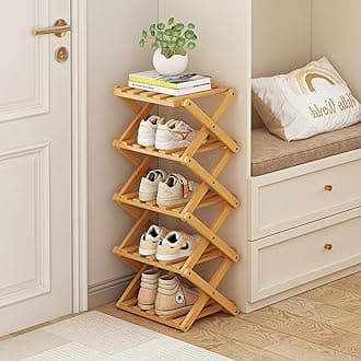 Foldable Shoe Rack, Bamboo Vertical Shoe Organizer Tall for Small Spaces. Multifunctional Narrow Shoe Shelf for Entryway, Closet, Corner, Bedroom, Hallway, Wood Color 5 Layers