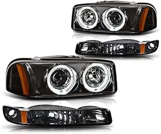 PM PERFORMOTOR PMHL-GSIE-9906-4P-HA-P-SA Smoke Lens Amber Dual LED Projector Headlights [Compatible with 99-07 GMC Sierra 1500/01-07 Sierra 2500 HD 99-06 Yukon Does NOT Fit All Denali Trims.