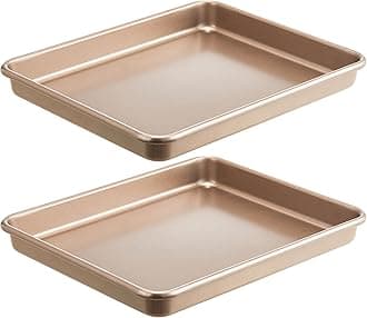 HONGBAKE 2 Pack 11 x 9 Inch Toaster Oven Pans and Trays, Small Baking Sheet Set for Cooking, Non-Stick Cookie Sheets, Heavy-Duty 0.8mm Thick, Easy to Clean, 1.26 Inch Deep, Gold