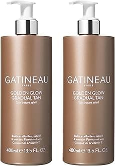 Golden Glow Gradual Tan - 400ml x2, Self Tan Lotion + 2 in 1 Body Moisturiser, Quick Dry Easy Application, Coconut Oil & Vitamin E, Buildable Natural Tan, Dermatologist Tested & Cruelty Free