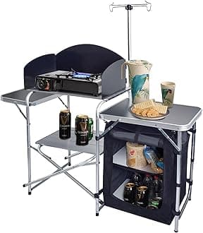 CampLand Folding Camping Kitchen Table with Windscreen,Portable Outdoor Cooking Station with Storage Cabinet & Side Tables Heavy Duty Camp Cook Station for Camping & BBQ (Black)