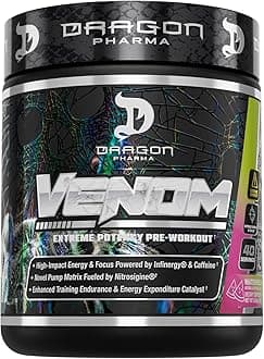 DRAGON PHARMA Venom Extreme Potency Pre-Workout, Laser Sharp Focus + Energy, Intense Performance, Proven Ingredients for Enhanced Vasodilation & Endurance (40 Servings, Watermelon)