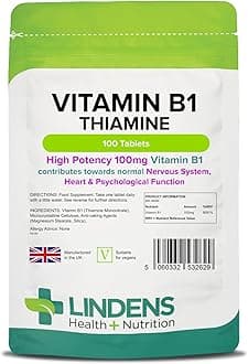 Lindens Vitamin B1 Thiamine Tablets - 100 Pack - for Heart, Immune and Psychological Function & Energy Release - UK Manufacturer, Letterbox Friendly