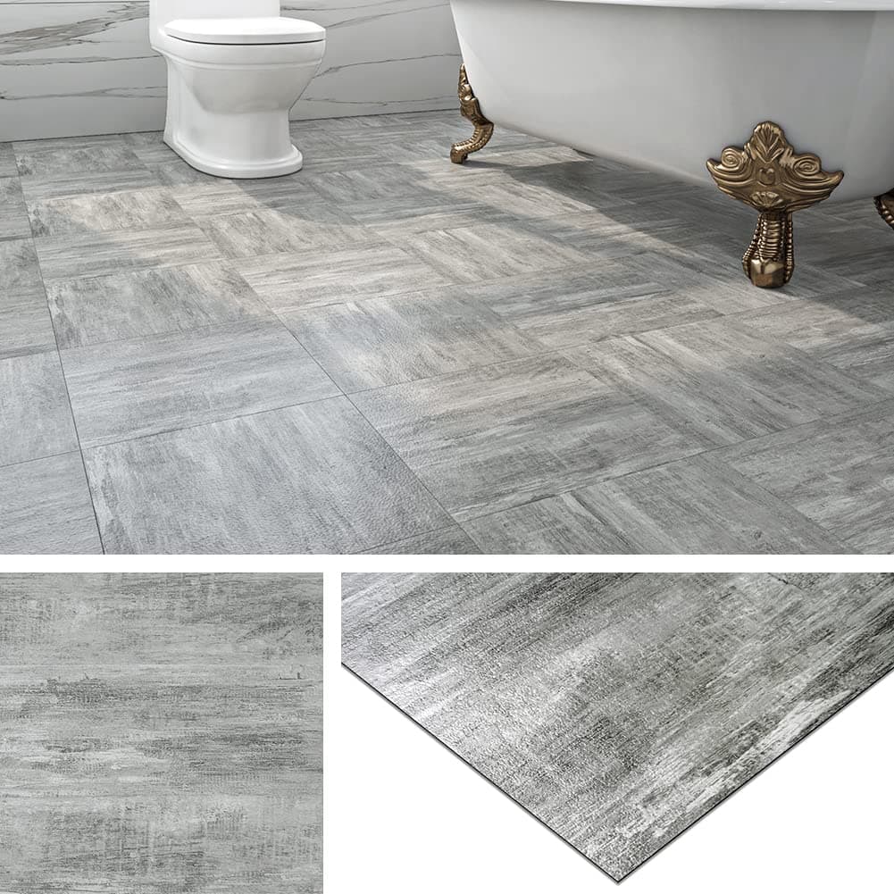 Livelynine Self Adhesive Floor Tiles Wood Effect Grey Vinyl Flooring Tile Effect Grey Flooring Tile Self Adhesive Waterproof Stick on Vinyl Floor Tiles 30x30 for Bathroom Kitchen, 4 PCS