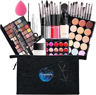 All in one makeup kit full versatile essential eyeshadow palette lipstick, blush, foundation, concealer, lip gloss, mascara, lip balm, powder puff powder, makeup set for women