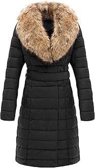 Bellivera Women's Winter Puffer Jacket Cold-Resistant Patchwork Plush Lining Coat with Removable Fur Collar Hooded and Belted