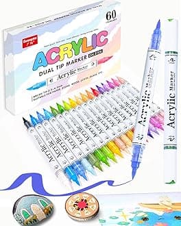 60 Colors Dual Tip Acrylic Paint Markers, 30 Pcs 2 Colors in 1 with Soft Brush Tips & Double Ink Capacity, Paint Markers for Rocks, Canvas, Wood, Fabric, Glass, Plastic, Quick-Drying, Waterproof