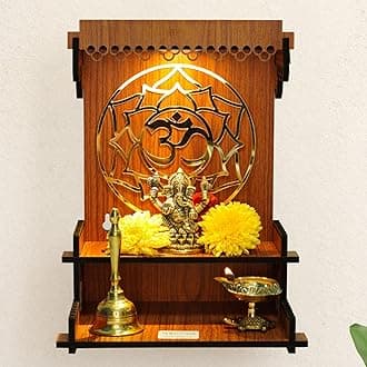 Ekhasa Wooden God Temple for Home | Wall Mounted Pooja Mandir with LED Spotlight | Brown Wooden Temple for Home & Office