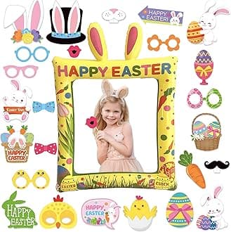 Easter Bunny Inflatable Photo Booth with 25Pcs Photo Booth Props Selfie Picture Frame for Easter Family Party,Easter Kids Party Game Accessories Supply,Giant Props Frame Celebration Blow Up Party Prop