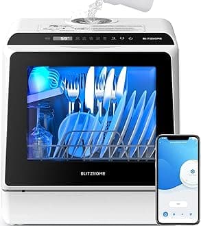BLITZHOME Portable Dishwasher Countertop, WIFI Smart Dishwasher, Compact Dishwashers with 5L Built-in Water Tank, 6 Programs, 360° Dual Spray, High-Temp& Air-Dry Function, Fruit Cleaning
