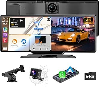 Portable Carplay Screen, 10.26" Wireless Car Stereo with Car Play and Android Auto, HD Bluetooth Touch Screen with 4K Dash Cam,Backup Camera/Mirror Link/Music/Voice Control/GPS/AUX/FM for All Vehicles