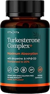 Potent Turkesterone Supplement, 2X Pure (Made in USA - 3rd Party Tested) Most Bioavailable and Natural Test Support Supplement, Supports Energy, Lean Muscle Growth, Recovery and Stamina, Vegan (60ct)