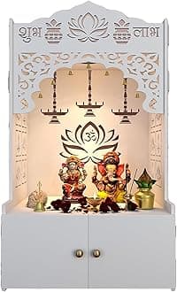 Lotus Pattern Wooden Pooja Mandir for Home with Spacious Shelf inbuilt Focus Light - White Finish - Large Temple for Home