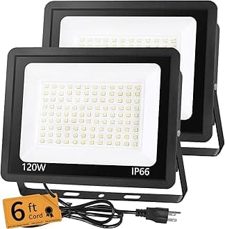 120W LED Flood Light Outdoor with 6ft Plug, 14400LM Brighter Exterior Security Lights, 5000K Daylight LED Work Light, IP66 Waterproof for Yard, Garage, Stadium, Lawn, 2 Pack