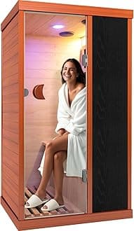 Infrared Home Sauna Okoume Wood Indoor Sauna 1 Person Dry Sauna Low EMF 800W 110V with Red Light Therapy Bluetooth Speakers 28.74"x35.24"x61.42"