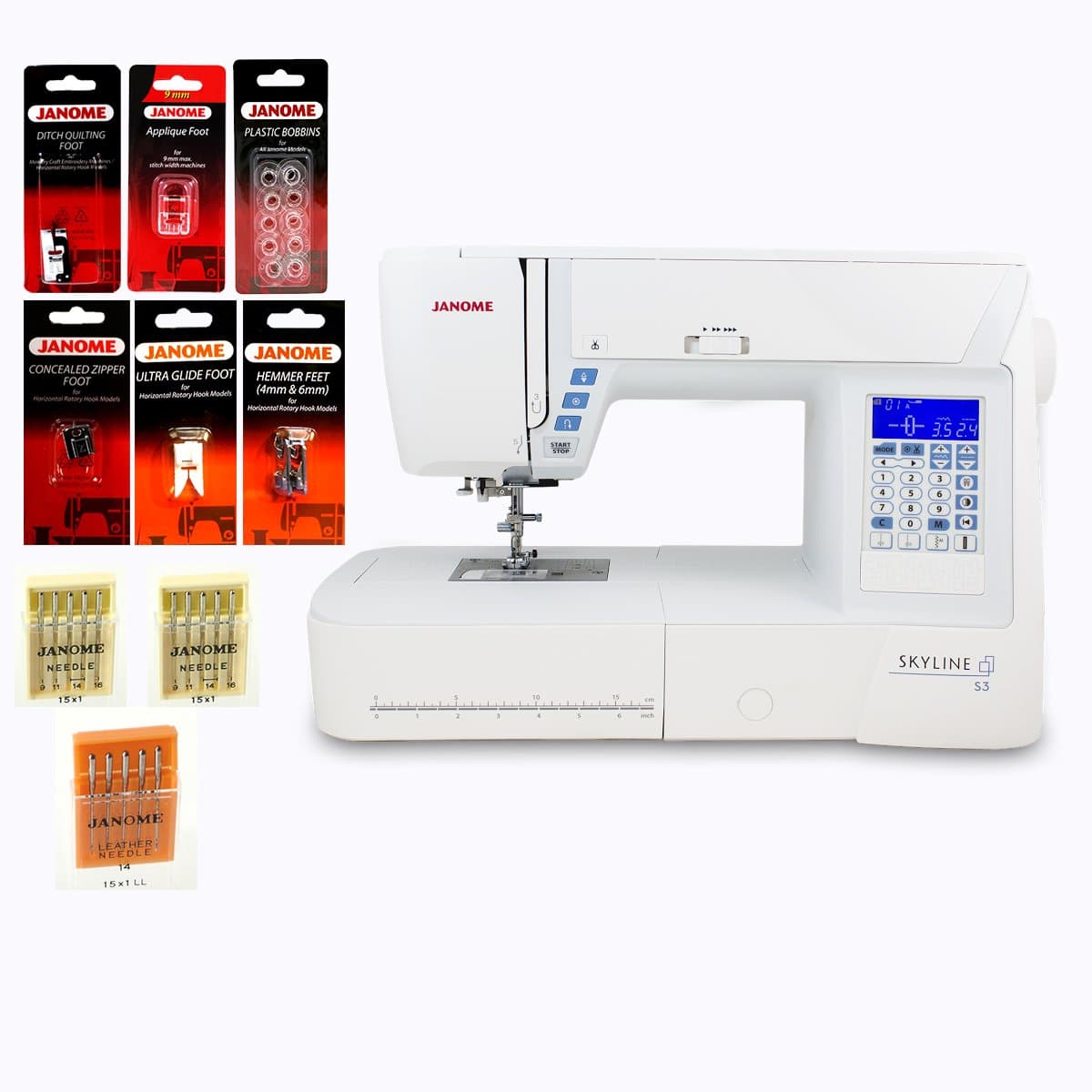Janome Skyline S3 Computerized Sewing Machine w/Semi-Hard Cover + Instructional DVD + Ultra Glide Foot + Ditch Quilting Foot + Rolled Hem Foot + Concealed Zipper Foot + Needles + Much More!
