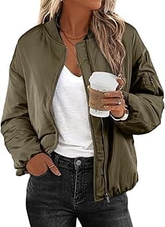EVALESS Bomber Jackets for Women Fashion 2024 Winter Clothing for Women Business Casual Zip Up Puffer Jackets Light Long Sleeve Oversized Rain Jacket Fall Outfits Teacher Clothes Green Tops，XX-Large