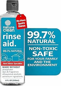 Natural Dishwasher Rinse Aid Cleaner Liquid & Dishwashing Drying Agent 8 oz - 250ml. Non-Toxic Eco-Friendly Plant-Based Fragrance-Free. Spot Free Hard Water Stain Remover for Glass