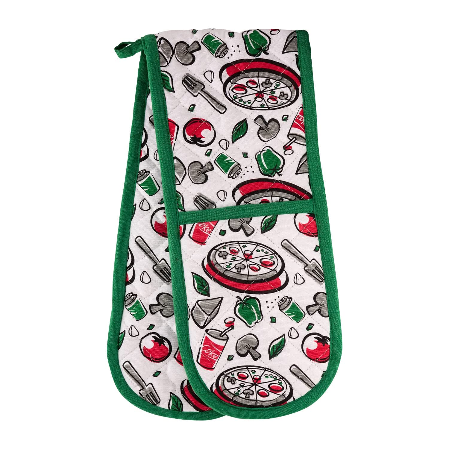 Kitchen BBQ Double Oven Mitts Gloves | Extra Long & Thick, Heat Resistant | Quilted Cloth Attached 1 Piece Oven Gloves | 100% Cotton Fun Coke Pizza Food Pattern Pot Holder