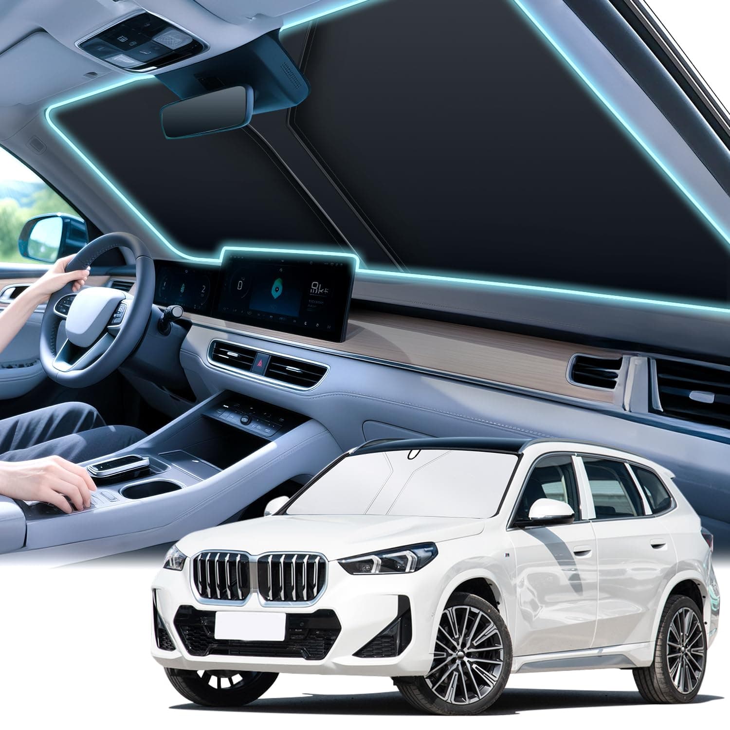 Universal 300T Car Windshield Sun Shade, Foldable Reflective for Windshield & Window Shades with Overlapping Design, Car Interior Accessories (64.5" L x 33" W)