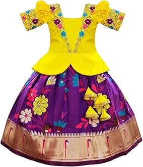 White Button Satin New South Indian Traditional Collar Digital Pattu Pavadai Readymade Lehenga Choli For Girl's Dress