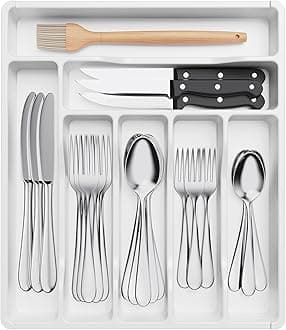 Lifewit Silverware Drawer Organizer Tray, Plastic Cutlery Storage for Kitchen Drawer, Flatware and Utensil Holder Divider for Spoons Forks Knives Tableware, 7 Compartment, White