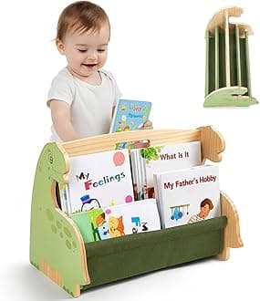 Toddler Bookshelf Double-Sided with 4 Tier Deep Sleeves Kids Wooden Montessori Book Rack for Baby Nursery Room, Playroom, Classroom or Bedroom Bookcase Storage Organizer, Green Dinosaur