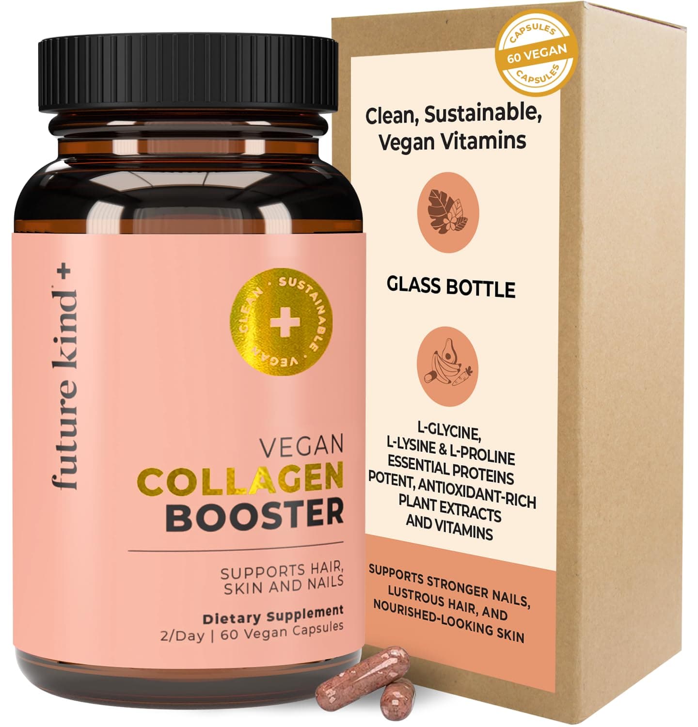 Future Kind Vegan Collagen - Supports Collagen Production with Biotin and Vitamin C (60 Capsules in Glass Bottle)