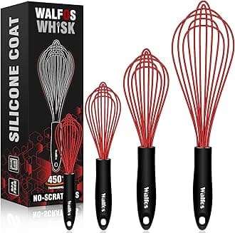 WalfosWhisk,Silicone Whisk Non Scratch-Whisks for cooking set of 4 Heat Resistant(480°F).Nice for Blending Beating Stirring and Kitchen Cooking &Baking.BPA Free and Dishwasher safe.(5+7+9+11inch )Red