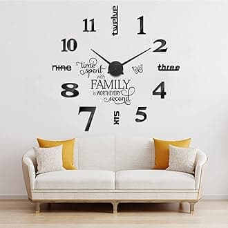 Junkin 3D Large Frameless DIY Wall Clock Modern Decor Family Quote Wall Stickers Clock Kit for Home Living Room Bedroom Office Decorations Adjustable Size(Black)