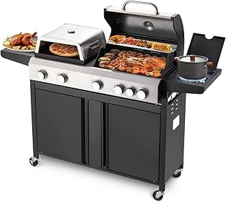 3 IN 1 Pizza Griddle Grill Combo, 74,000 BTU 5-Burner Stainless Steel Propane Gas Grill with Side Burner, Porcelain Enameled Cast Iron Grates, Griddle & Pizza Oven for Outdoor Patio Backyard