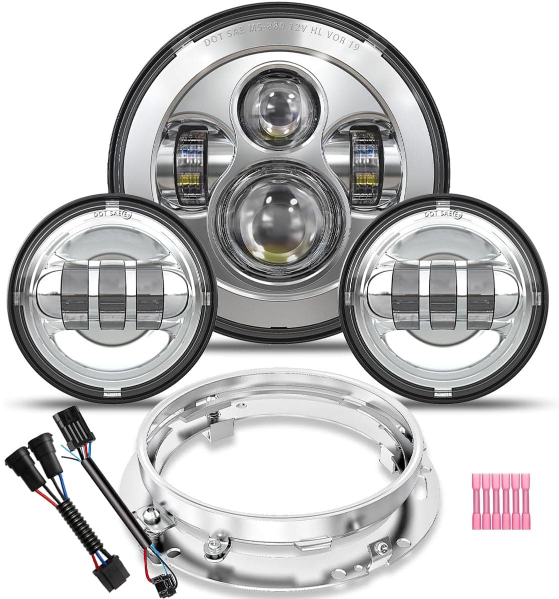 7 inch Daymaker LED Headlight DOT Kit Set Fog Passing Lights for Harley Davidson Ultra Classic Electra Street Glide Road King Heritage Softail Deluxe Slim Fatboy Motorcycle Headlights Headlamps Chrome