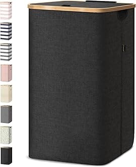 BALEINE Laundry Hamper with Lid, Tall Laundry Baskets with Bamboo Pull Handles, Large Laundry Bin with Internal Support (26 Gal/100L, Black)