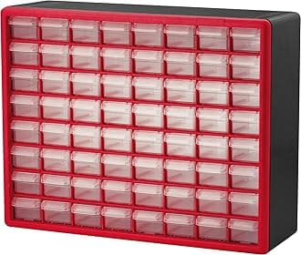 10164 64-Drawer Plastic Drawer Storage Cabinet for Garage Organization, Lego Storage, Teacher Toolbox, Makeup Organizer, and More, 20-Inch W x 6-Inch D x 16-Inch H, Red