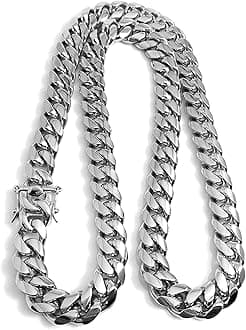 Dubai Collections White Gold Cuban Link Chain Necklace for Men Real 14MM 14K Karat Diamond Cut Heavy w Solid Thick Plated Clasp US Made