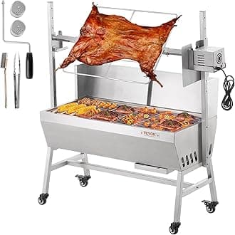VEVORCharcoal Barbecue with Electric Spit 42 W Load 61 kg, 94.5 cm Stainless Steel Roasting Pan with Windscreen and Lockable Wheels for Roasting Lamb Piglet Chicken Camping