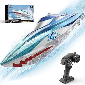 DEERC High-Speed RC Boat for Kids & Adults, 20+ MPH Full Proportional Remote Control Shark Boat with LED Lights, 2.4GHz Racing Boat for Pools & Lakes