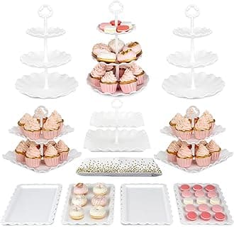 Pack of 10 NWK Cake Stand Set, with 3 x Two-Tier and 3 x Three-Tier Cupcake Stands, 4 x Appetizer Trays, 1 x Tablecloth for Birthday Bridal Baby Shower Party (White)