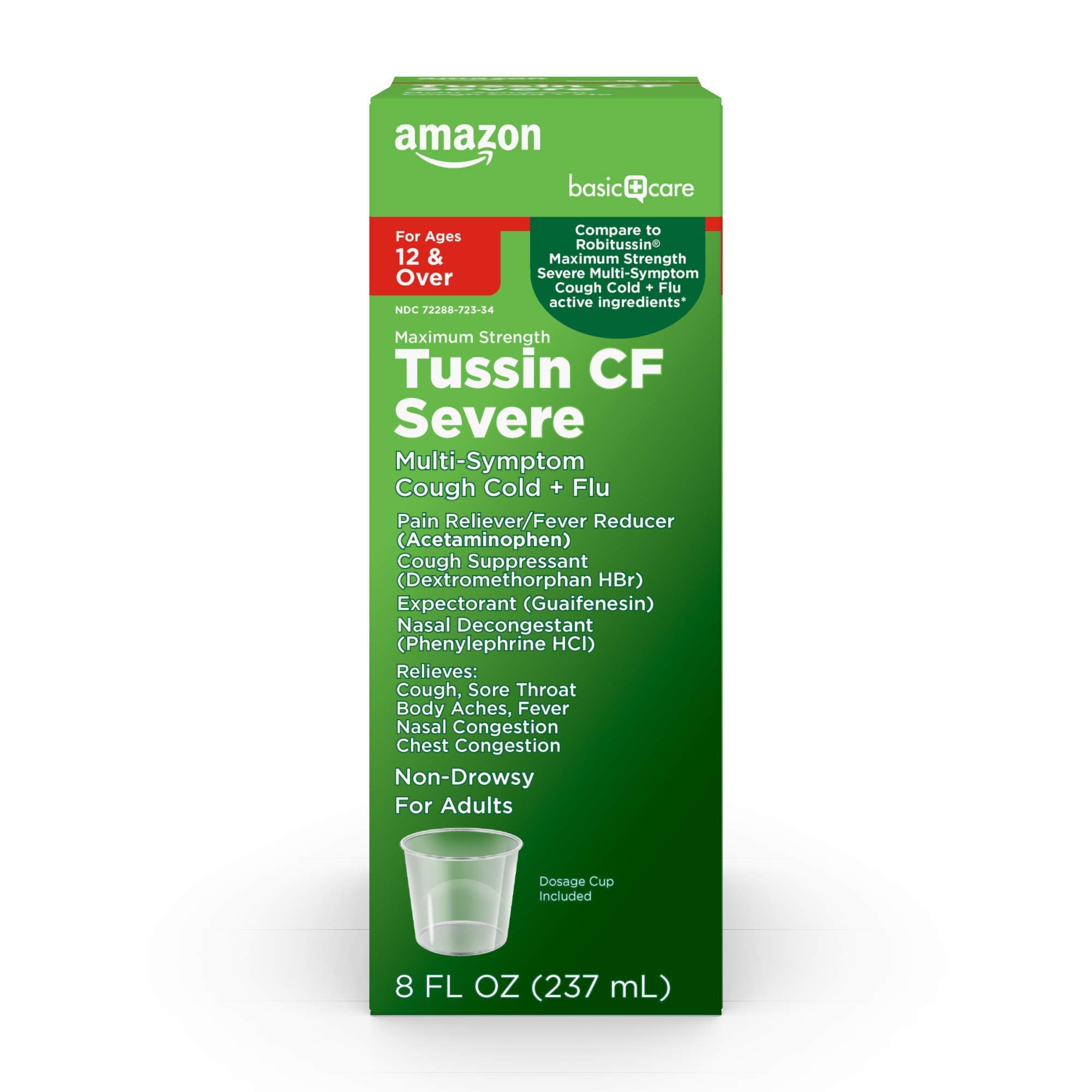 Amazon Basic Care Tussin Severe CF Max Syrup, Multi-Symptom Cough, Cold and Flu Liquid Medicine, Non-Drowsy, Relieves Cough, Sore Throat, Body Aches, Fever, Nasal and Chest Congestion, 8 fl oz