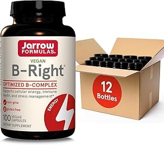 Jarrow Formulas B-Right,Optimized B Complex Featuring VIT B1,B2,B5,B6,B12 and B9 to Support Cellular Energy,Immune Health and Stress Management,100 Veggie Caps,Up to a 100 Day Supply, Pack of 12