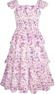 GRACE KARIN Girls Floral Smock Dress Flutter Sleeves Flowing Tiered Layers Spring Summer Midi Holiday Boho Dresses 5-12Y