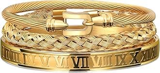 WFYOU 3PCS Stainless Steel Bracelets for Men Gold Roman Numeral Bangle Bracelet Twisted Cable Bracelet Adjustable Cuff Bracelet Mens Luxury Jewelry Bracelets Gifts