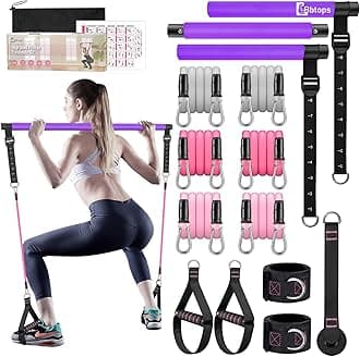 Pilates Bar Kit with Resistance Bands,3-Section Pilates Bar with Stackable Bands Workout Equipment for Legs,Hip,Waist and Arm,Exercise Fitness Equipment for Women & Men Home Gym Yoga Pilates