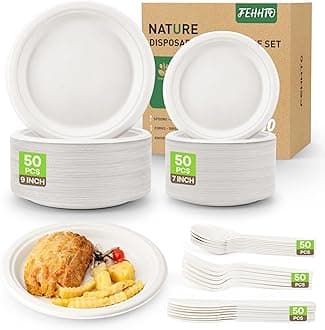 250PCS Disposable Paper Plates Set and Utensils, Compostable Dinnerware 9 and 7inch Plates, Biodegradable Paper Plates, Forks, Knives and Spoons for Party 50 People