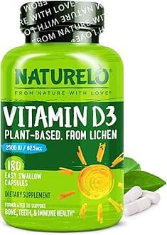 NATURELO Vitamin D - 2500 IU - Plant Based from Lichen - Natural D3 Supplement for Immune System, Bone Support, Joint Health - Vegan - Non-GMO - Gluten Free - 180 Capsules