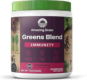 Amazing Grass Greens Blend Immunity Elderberry: Super Greens Powder with 1,000mg Vitamin C, Elderberry, Zinc, Prebioitics & Probiotics, 30 Servings