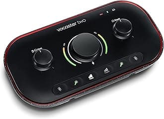 Focusrite Vocaster Two — Podcasting Interface for Recording Host and Guest. 2 Mic Inputs and Headphone Outputs, with Auto Gain, Enhance, and Mute. Small, Lightweight, and Powered by Computer