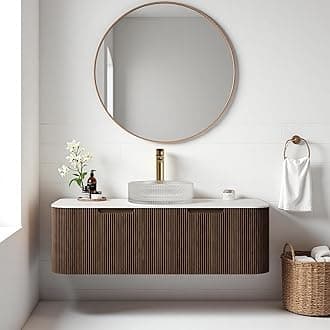 48" Floating Bathroom Vanity with Sink, Modern Wall-Mount Bathroom Cabinet with 2 Large Storage Drawers, Round Crystal Glass Basin and Marble Top, Soft-Close Design, Dark Walnut