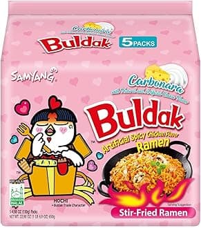 Samyang Buldak Spicy Ramen, en Ramen, Korean Stir-Fried Instant Noodle, Carbonara, 1 Bag with 5 Pack