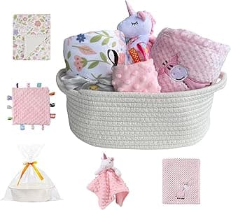 CREVENT Baby Welcome Gift Set Storage Basket with 2 Blankets+ 1 Security Blanket + 1 Taggie + 1 Gift Bag with Ribbon (Pink)